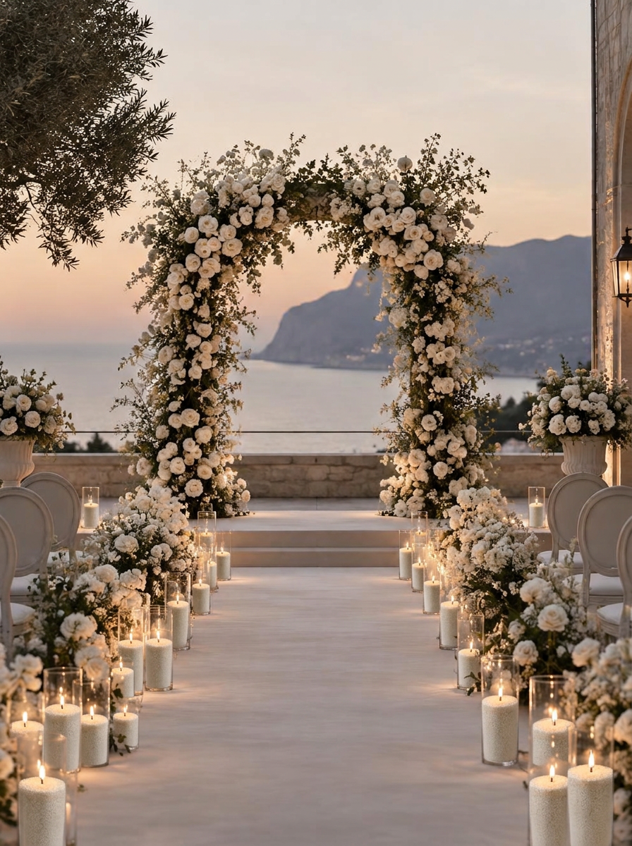 Intimate ceremony with white sand candles and a white floral arch