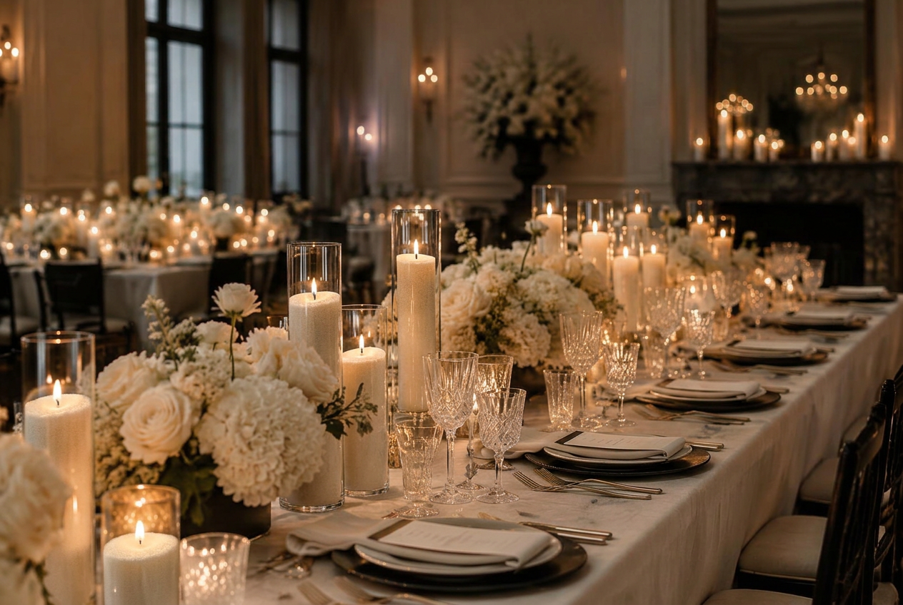 Candlelit intimate wedding reception table with white sand candles and ivory florals