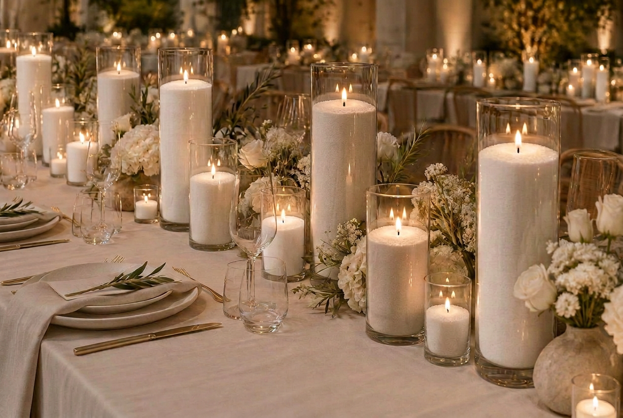 Tall ivory sand candles in clear glass vessels across a tablescape