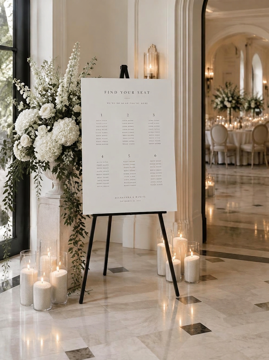 Welcome area with tall white sand candles and a seating chart